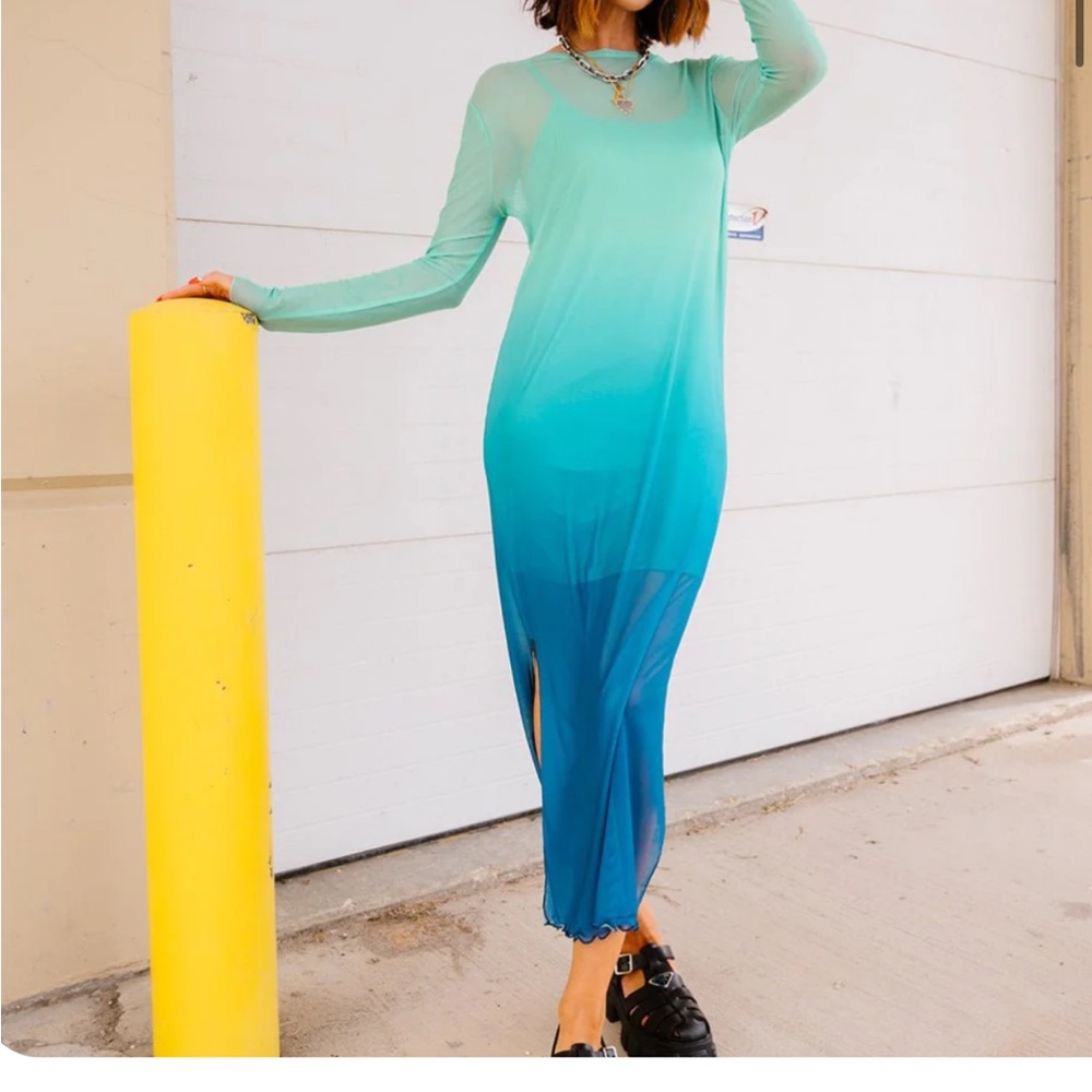 Dressed in LALA blue mesh ombré dress with slip